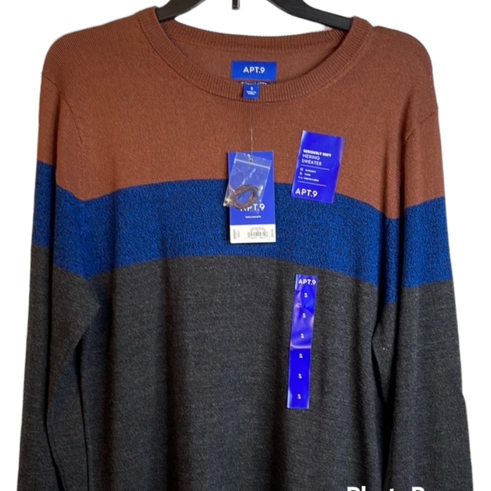 NWT S Apt.9 Crewneck Merino Sweater‎ Gray Rust Blue Men’s